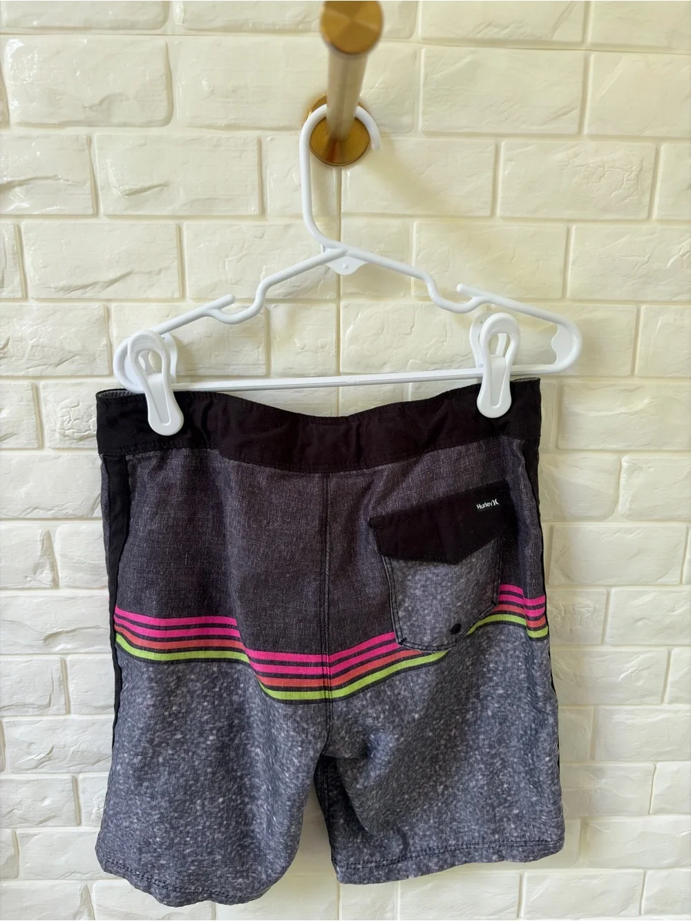 Hurley Kids Gray Swim Trunks with Pink & Green Stripes